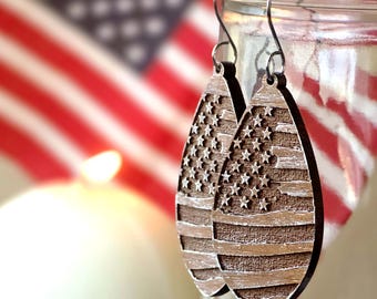 American Flag Wood Dangle Earrings