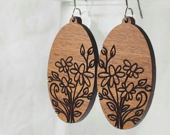 Floral Earrings, Wood Engraved Earrings, Dangle Earrings with Flowers, Floral Jewelry, Gift for Gardener or Plant Lover, Mother's Day Gift