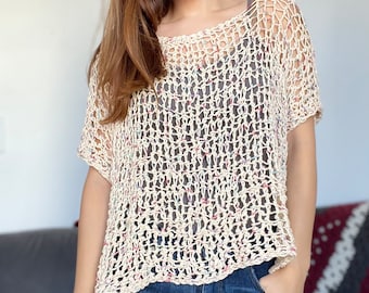 The Miss Messy Top (medium lightweight loose knit lace tank top) loom knitting pattern