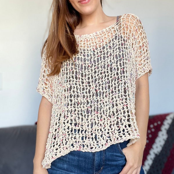 The Miss Messy Top (medium lightweight loose knit lace tank top) loom knitting pattern