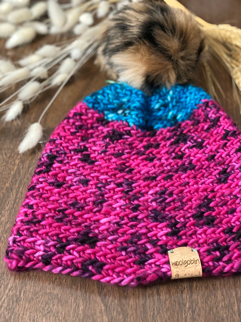 Pink and Blue Pick a Pom Merino Wool Beanie