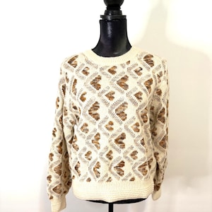 Vintage crèmekleurige trui met abstract patroon | Uniseks medium | Retro gebreide trui uit de jaren 80 en 90