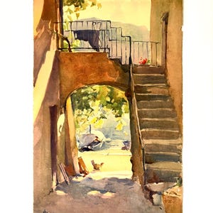 Vintage &#39;Marc&#39; Signed Lithograph | Watercolour-Style Print | Mediterranean Village Scene