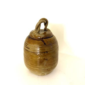 Vintage MCM Studio Pottery Jar with Lid – Artist Signed – Earthy Glazed Stoneware with Twisted Handle