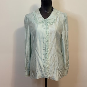 Vintage Mint Satin Blouse with Lacey details - Size Medium
