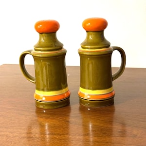 1970s Ceramic Salt and Pepper Shakers: Olive Green & Orange Retro Kitchenware