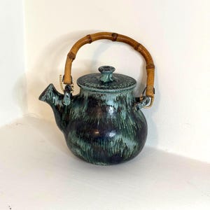 Vintage 1976 Blue Drip Glaze Tea Pot Bamboo Handle With Lid - Artist Signed