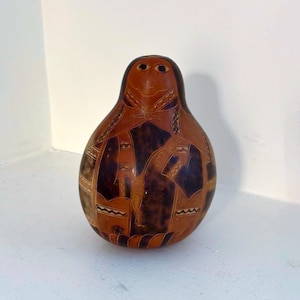 Vintage Folk Art Hand Carved Etched Gourd Peruvian Woman Rattle 6” Tall