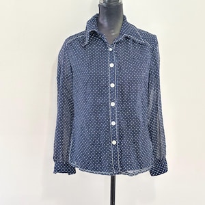 1960’s Navy and White Missy House Polkadot Blouse - Size medium