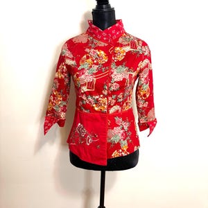Vintage Chinese Satin Brocade Jacket – Red Floral Embroidered Top – Women’s Small