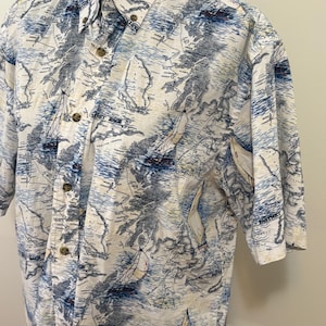 Camisa Montecarlo de manga corta abotonada para hombre – Estampado de barco y mapa náutico – Talla grande – Camisa náutica vintage