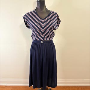 1970s Chevron Stripe Dress: Navy Blue Retro Day Dress, Small