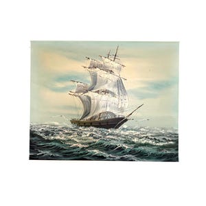 Vintage Tall Ship Oil Painting: Nautical Maritime Art, Signed T. Gallery