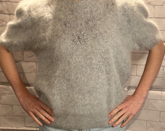 Angora  Pale Grey Sweater with embroidered Details