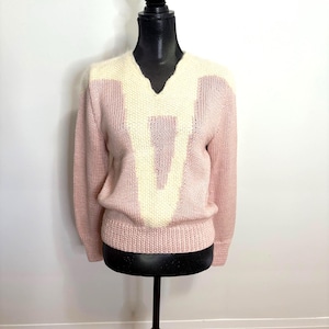 Vintage 1980s Rosse Linni Angora Blend Sweater | Pink & Cream Fuzzy Knit | Women’s Small