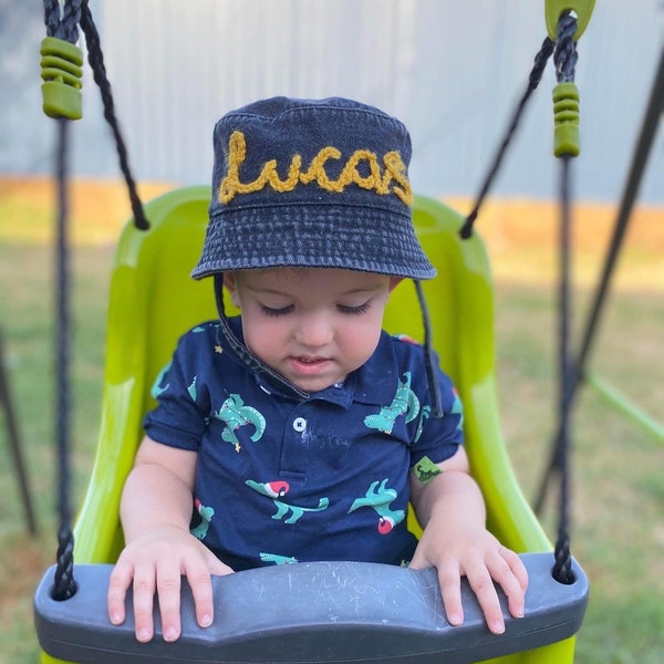 Personalised hand embroidered name bucket hat. Baby children toddler denim corduroy hat