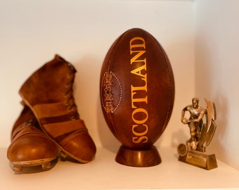 Scottish Rugby  - Vintage Scotland Rugby Ball with wooden plinth / Leather Rugby Ball / Gift for Men / teenager gift / Father’s Day