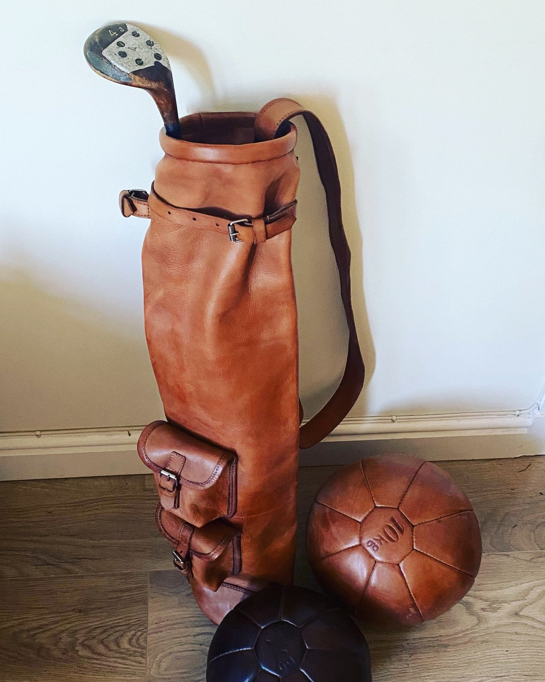 Geoffrey | Vintage TAN Leather Golf Club Carrying Bag with 2 Pockets |  Retro - Bag only