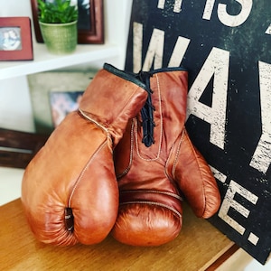 Boxing Gloves Brown leather Vintage style boxing gloves / Fathers Day gift / gift for Boxing fan / gift for men / retro prop image 1