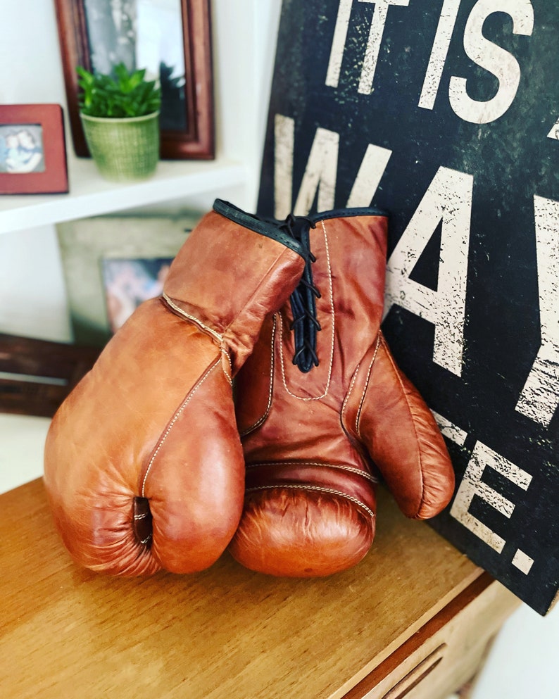 Boxing Gloves Brown leather Vintage style boxing gloves / Fathers Day gift / gift for Boxing fan / gift for men / retro prop image 1