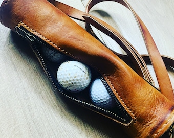 Golf ball bag / Leather bag with zip & adjustable strap / vintage sports / gift for golfers / gift for him / golfer's gift / valentine gift