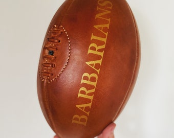 Rugby - Vintage Barbarians Rugby Ball with plinth / Leather Rugby Ball / Vintage Sports / Gift for Men / teenager gift / man cave