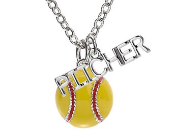 GIMMEDAT Softball Pitcher Silver Enamel Softball Necklace Softball