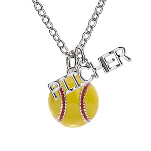 May include: Silver chain necklace with a yellow softball charm and a silver charm that says "Pitcher".