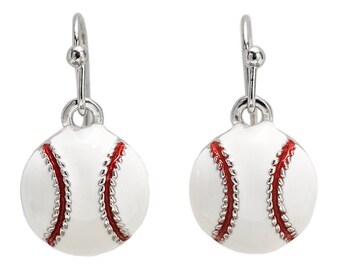 May include: A pair of silver dangle earrings with white baseball charms. The baseball charms have red stitching.
