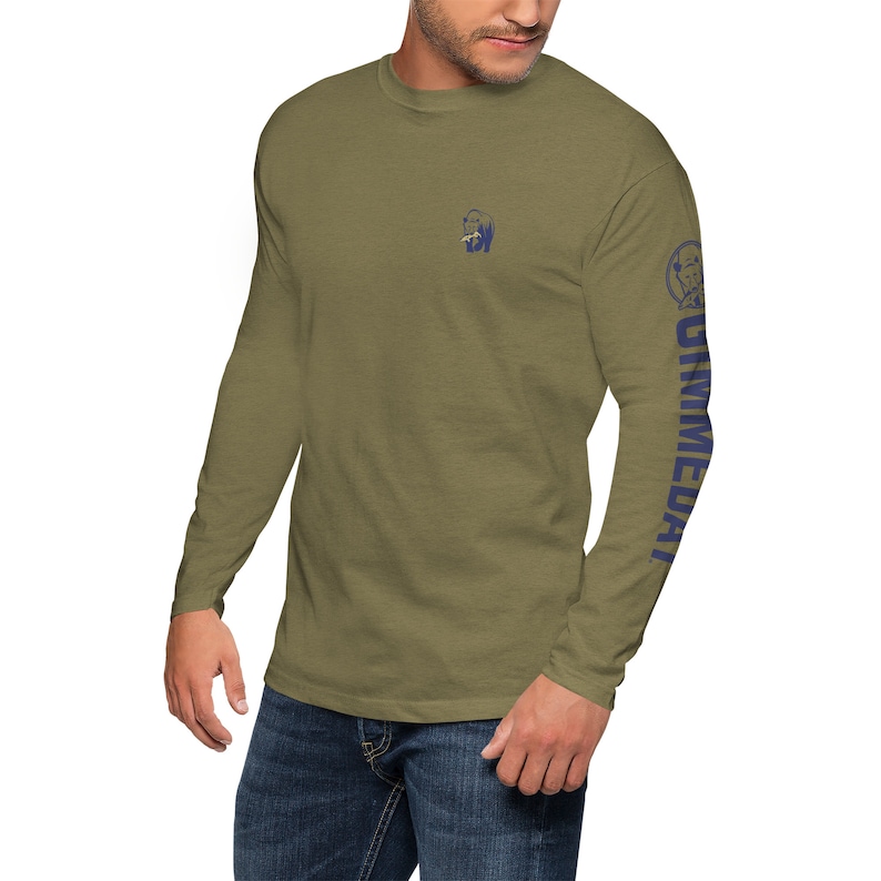 May include: A long-sleeved olive green t-shirt with a blue graphic of a bear on the left chest and the word "UNMEDAI" printed vertically on the right sleeve.