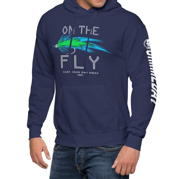 Fly Fishing Trout Pullover Fleece Hoodie Sweatshirt Navy Blue Outdoor Gift  for Man Woman on the Fly 