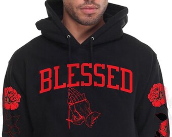 Men's Blessed Hoodie With Red Roses on Sleeve Designer - Etsy Israel