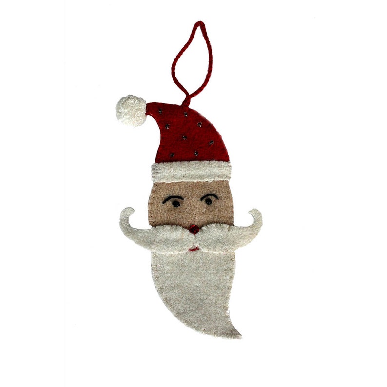 Double sided Mustached Santa ornament with embroidery and bead embellishments