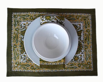 Wood-block printed Indian Paisley placemats. Fully backed with white cotton.