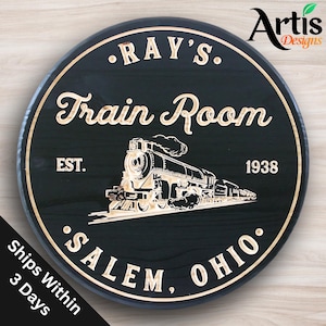 Letrero de tren de madera tallada: decoración personalizada para la cueva del hombre