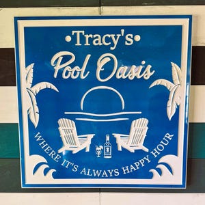 May include: A blue and white sign with the text "Tracy's Pool Oasis Where It's Always Happy Hour". The sign features a palm tree, a sunset, and two lounge chairs.