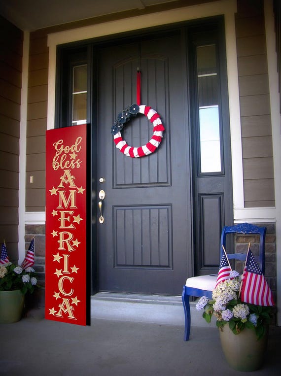 Carved God Bless America Porch Sign: Patriotic 4th of July Decor