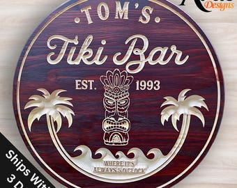 Personalized Tiki Bar Sign: Carved Wood, Pool Bar Decor
