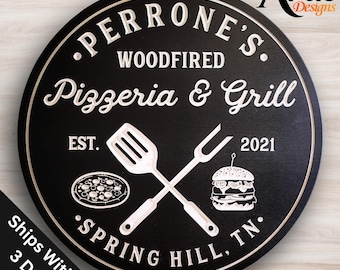 Personalized Pizzeria & Grill Sign: Carved Wood BBQ Decor