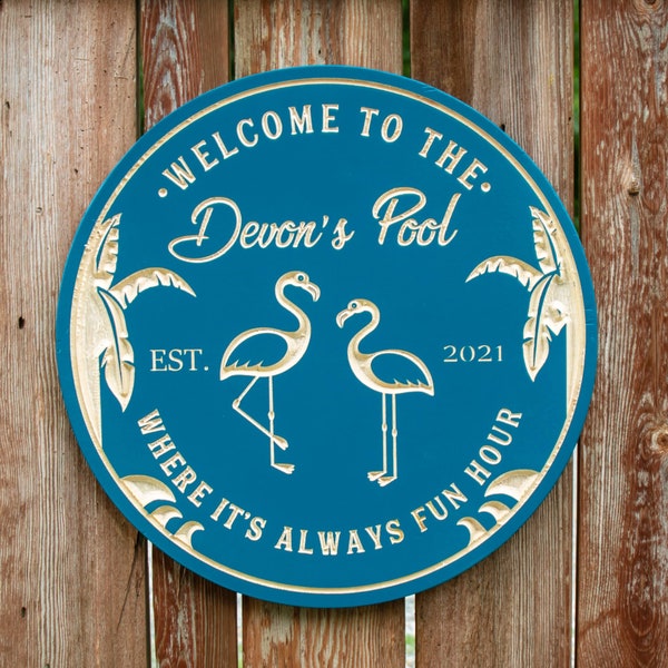Pool Sign, Flamingo Sign, Personalized Pool Sign, Carved Wood Signs, Palm Tree Sign, Pool Decor, Bar Signs, Flamingo Decor,