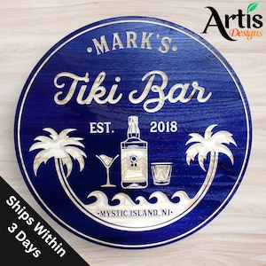 Personalized Tiki Bar Sign: Carved Wood Palm Tree Pool Decor