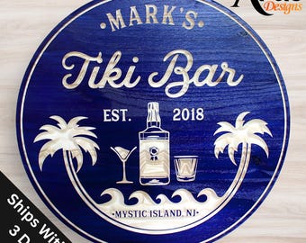 Personalized Tiki Bar Sign: Carved Wood Palm Tree Pool Decor