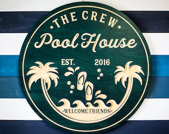 Personalized Pool Bar Sign: Carved Wood Palm Tree Decor