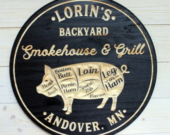 BBQ Sign, Smokehouse and Grill Sign, Pig Sign, Personalized Bar Sign, Carved Wood Sign, Grill Sign, Custom Sign, Smoker,,  Gift