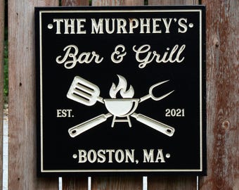 Custom Carved BBQ Sign: Personalized Patio Bar & Grill Decor