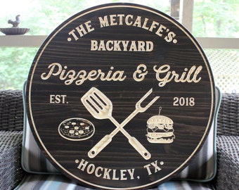Pizzeria & Grill Sign, Bar Signs, Personalized Sign, Carved Wood Signs, Custom Grill Sign, Pizza Sign, BBQ Gifts,,  Gift