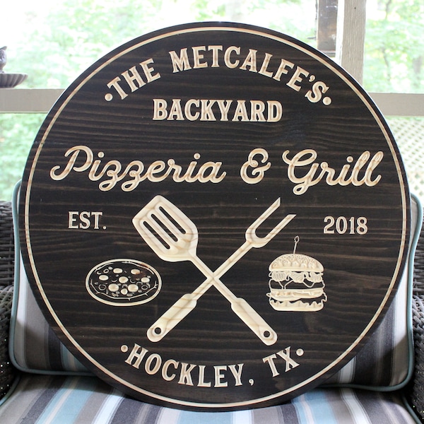 Pizzeria & Grill Sign, Bar Signs, Personalized Sign, Carved Wood Signs, Custom Grill Sign, Pizza Sign, BBQ Gifts,,  Gift