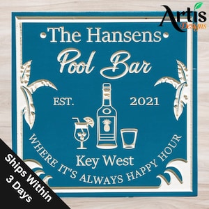 Personalized Carved Wood Pool Bar Sign: Tiki Bar Decor
