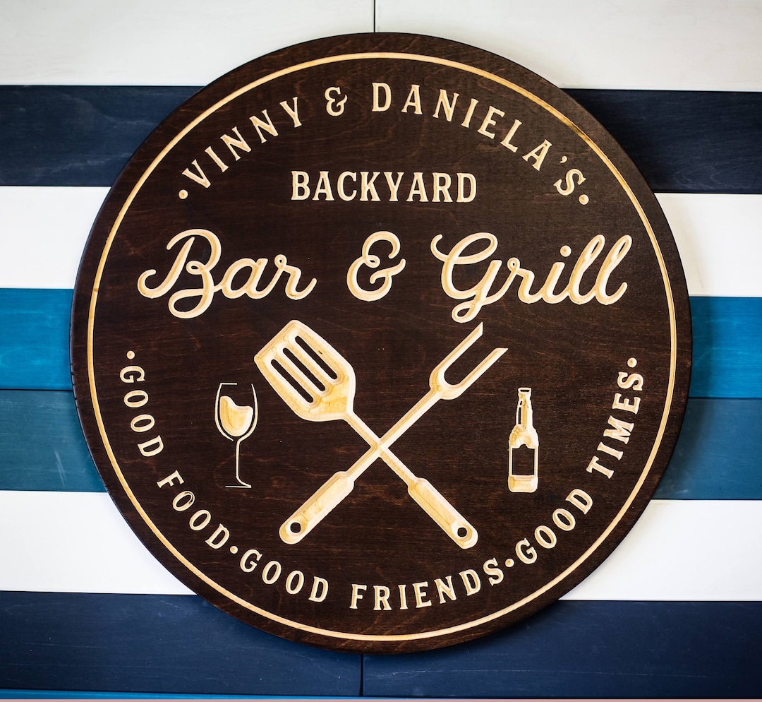 Bar & Grill Sign, Bar Signs, BBQ Signs, Personalized Bar Sign, Custom Patio Sign, Carved Wood