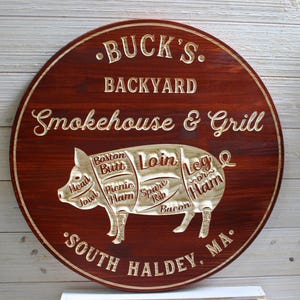 BBQ Sign, Smokehouse and Grill Sign, Pig Sign, Personalized Bar Sign, Carved Wood Sign, Grill Sign, Custom Sign, Smoker Gifts, Gifts for Men